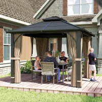 Outsunny 10' x 10' Hardtop Gazebo with 7mm Polycarbonate Double-Tier Roof, Outdoor Gazebo with Netting and Curtains, Khaki(m-1)