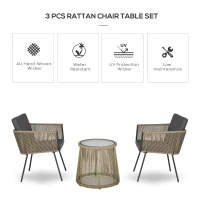 Outsunny 3 Pieces Wicker Patio Furniture Set, Rattan Bistro Set with Coffee Table and Cushions, Outdoor Conversation Set for Garden, Porch, Balcony, Grey(m-4)