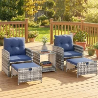 Outsunny 5 Piece Patio Furniture Set, Wicker Patio Chairs with Ottomans, 2-Tier Glass Coffee Table and Cushions, Grey/Dark Blue(m-1)