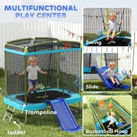 Qaba 70" x 47" Trampoline for Kids Indoor & Outdoor with Slide, Swing, Basketball Hoop and Safety Enclosure, Light Blue(m-9)
