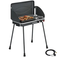 Outsunny 2-in-1 Camping Stove & Gas Griddle Combo, 20,000 BTU Portable Propane Grill with Detachable Legs, Wind Guards, Black(m-11)
