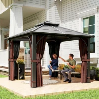 Outsunny 10' x 10' Hardtop Gazebo with 7mm Polycarbonate Double-Tier Roof, Outdoor Gazebo with Netting and Curtains, Coffee(m-8)