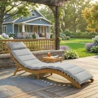 Outsunny Folding Chaise Lounge Chair Outdoor, Acacia Wood Lounger Tanning Chair with Cushion, Headrest, Light Grey(m-1)