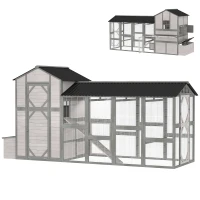 PawHut 147" Extra Large Chicken Coop, Wooden Hen House for 8-10 Hens, Outdoor Chicken House Poultry Hutch with Run, Gray(m-1)