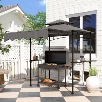 Outsunny 8' x 7.6' Grill Gazebo, Double Tiered Barbecue Grill Gazebo Shelter w/ Side Awning, 2 Side Shelves, 6 Hooks, Dark Grey(m-8)