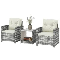 Outsunny 5-Piece Outdoor Patio Furniture Set, Wicker Patio Chairs with Ottomans, 2-Tier Glass Coffee Table and Cushions, Modern Garden Conversation Set, Grey and Cream White(m-2)