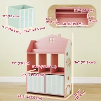 Qaba Kids Bookshelf with Storage, Toy Storage Unit with Book Display, Shelves and Fabric Drawers for Playroom Nursery, Pink(m-3)