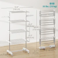 HOMCOM Garment Drying Rack Stainless Steel Folding Clothes Hanging Rack with Side Wings Castors for Indoor Outdoor White(m-3)