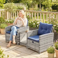 Outsunny 5 Piece Patio Furniture Set, Wicker Patio Chairs with Ottomans, 2-Tier Glass Coffee Table and Cushions, Grey/Dark Blue(m-10)