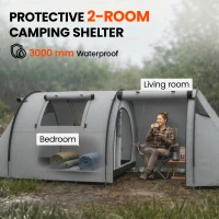 Outsunny 3-4 Person Camping Tent with 2 Rooms, 3000mm Waterproof Portable Family Tent with Carry Bag, Grey(m-4)