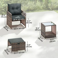 Outsunny 5 Piece Patio Furniture Set, Wicker Patio Chairs with Ottomans, 2-Tier Glass Coffee Table and Cushions, Brown/Dark Grey(m-3)