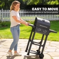 Outsunny 2 Burner Propane Gas Grill with Wheels, 18,400 BTU Portable BBQ Grill with Foldable Side Shelves, Warming Rack, Black(m-9)