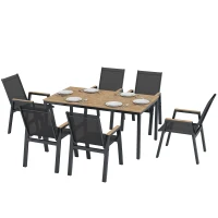 Outsunny 7 Piece Outdoor Dining Set, Rectangle Patio Table and 6 Mesh Chairs with Slatted Tabletop for Backyard, Deck, Garden(m-2)