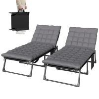 Outsunny 29.5" Wide Folding Chaise Lounge Chair Outdoor Tanning Chair Set of 2, Camping Cot with Cushion, Side Pocket, Dark Grey(m-2)