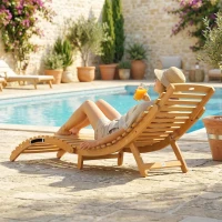 Outsunny Folding Chaise Lounge Chair Outdoor, Acacia Wood Lounger Tanning Chair with Cushion, Headrest, Light Grey(m-10)