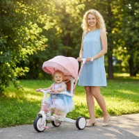 Qaba 7 in 1 Toddler Tricycle with Safety Harness, Adjustable & Removable Parent Handle, Canopy, Storage Bag, Brake, Pink(m-1)