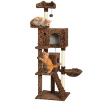 PawHut 63 Inch Cat Tree with Sisal Scratching Posts, Condos, Plush Perches, Hammock, Ladder, Dangling Balls, Leopard Print(m-11)