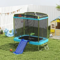 Qaba 70" x 47" Trampoline for Kids Indoor & Outdoor with Slide, Swing, Basketball Hoop and Safety Enclosure, Light Blue(m-8)