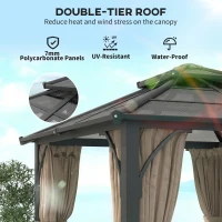 Outsunny 10' x 10' Hardtop Gazebo with 7mm Polycarbonate Double-Tier Roof, Outdoor Gazebo with Netting and Curtains, Khaki(m-4)
