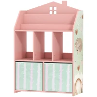 Qaba Kids Bookshelf with Storage, Toy Storage Unit with Book Display, Shelves and Fabric Drawers for Playroom Nursery, Pink(m-1)