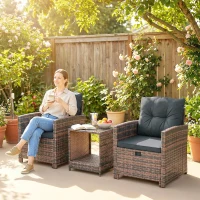 Outsunny 5 Piece Patio Furniture Set, Wicker Patio Chairs with Ottomans, 2-Tier Glass Coffee Table and Cushions, Brown/Dark Grey(m-10)