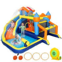 Qaba Bouncy Castle for Kids, Inflatable Bounce House with Slide, Pool (Ball Pit), Climbing Wall and Blower for Indoor Outdoor(m-11)