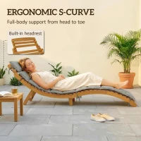 Outsunny Folding Chaise Lounge Chair Outdoor, Acacia Wood Lounger Tanning Chair with Cushion, Headrest, Light Grey(m-5)