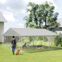 PawHut Heavy Duty Outdoor Dog Kennel with Waterproof Roof, Secure Latch, Chain Link Dog Run for Backyard, 19.7' x 19.7' x 8.9'(m-1)