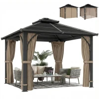 Outsunny 10' x 10' Hardtop Gazebo with 7mm Polycarbonate Double-Tier Roof, Outdoor Gazebo with Netting and Curtains, Khaki(m-11)