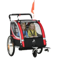 Aosom 2 Seat Bike Trailer for Kids 2-in-1 Double Baby Stroller with Handbrake, Rubber Wheels, 5 Point Harness, Waterproof Cover, Storage Bag, Reflectors, Red(m-2)