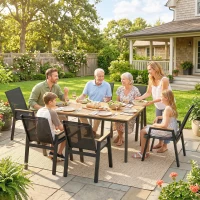 Outsunny 7 Piece Outdoor Dining Set, Rectangle Patio Table and 6 Mesh Chairs with Slatted Tabletop for Backyard, Deck, Garden(m-10)