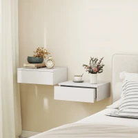 HOMCOM Set of 2 Wall Mounted Bedside Tables, Floating Nightstands with Drawer for Bedroom, White(m-1)