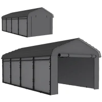 Outsunny 12' x 20' Metal Carport, Heavy Duty Garage Car Canopy with Galvanized Metal Roof and Removable Sidewalls, Dark Gray(m-11)