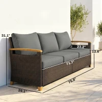 Outsunny 3 Seater Outdoor Couch Sofa, PE Wicker Patio Sofa, Wide Deep Seat, 4" Cushions, Wood-Effect Armrests Legs, Gray(m-3)
