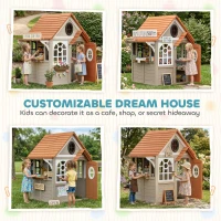 Qaba Outdoor Playhouse, Wooden Kids Playhouse with Dog Door, Cookware, Blackboard, Clock, Tic-Tac-Toe Roller for Backyard(m-6)