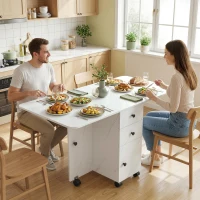 HOMCOM Drop Leaf Dining Table, Mobile Folding Table on Wheels with Drawers and Cabinet for Dining Room, Kitchen, Marble White(m-1)