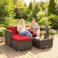 Outsunny 3 Pieces Patio Furniture Set with Cushions, Outdoor PE Rattan Wicker Conversation Corner Sofa Set with Glass Top Table(m-10)