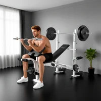 Soozier Bench Press Set Adjustable Weight Bench with Squat Rack, Preacher Curl Pad, Leg Developer and Weight Storage, White(m-8)