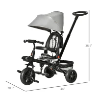 Qaba Kids Tricycle, 4 in 1 Foldable Trike with Reversible Seat, Adjustable Parent Handle, Safety Harness, Wheel Brakes, Removable Canopy, Storage, Tricycle for Toddlers 1-5 Years, Gray(m-3)