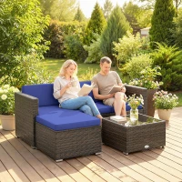 Outsunny 3 Pieces Patio Furniture Set with Cushions, Outdoor PE Rattan Wicker Conversation Corner Sofa Set with Glass Top Table(m-10)