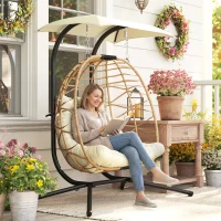 Outsunny Double Wicker Egg Swing Chair with Canopy, Foldable Hanging Egg Chair with Stand Cushion Headrest, Beige(m-8)