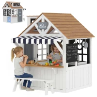 Qaba Outdoor Playhouse, Wooden Kids Playhouse with Dog Door, Cookware, Blackboard, Bench, Doorbell for Ages 2+(m-2)