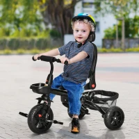 Qaba Kids Tricycle, 4 in 1 Foldable Trike with Reversible Seat, Adjustable Parent Handle, Safety Harness, Wheel Brakes, Removable Canopy, Storage, Tricycle for Toddlers 1-5 Years, Gray(m-10)