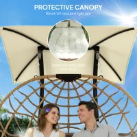 Outsunny Double Wicker Egg Swing Chair with Canopy, Foldable Hanging Egg Chair with Stand Cushion Headrest, Beige(m-5)