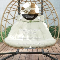 Outsunny Double Wicker Egg Swing Chair with Canopy, Foldable Hanging Egg Chair with Stand Cushion Headrest, Beige(m-7)