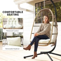 Outsunny Wicker Egg Swing Chair with Stand, Foldable Hanging Egg Chair with UV Resistant Cushion, Headrest, Beige(m-4)