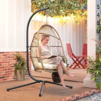 Outsunny Wicker Egg Swing Chair with Stand, Foldable Hanging Egg Chair with UV Resistant Cushion, Headrest, Beige(m-10)