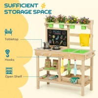 Qaba Kids Mud Kitchen, Outdoor Wooden Play Kitchen with Kitchenware & Garden Tools, Pretend Play Outdoor Toys, Natural(m-7)