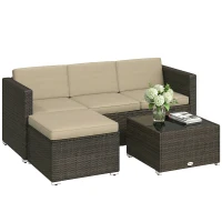 Outsunny 3 Pieces Patio Furniture Set with Cushions, Outdoor PE Rattan Wicker Conversation Corner Sofa Set, Khaki(m-11)