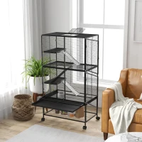 PawHut Rolling Small Animal Cage 54"H Chinchilla Cage for Ferrets, Squirrels w/ Removable Tray, Storage Shelf, Black(m-10)